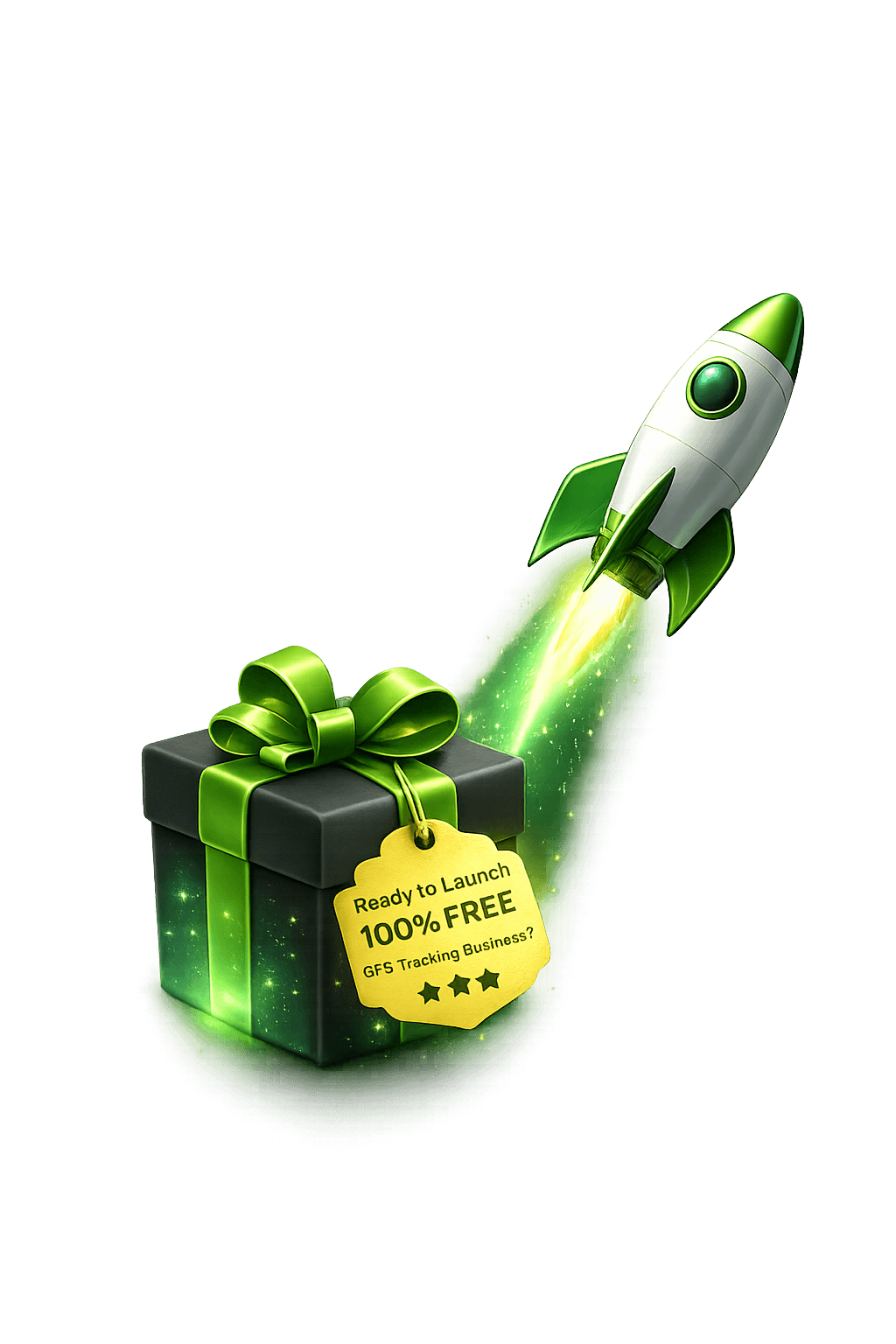 Rocket launching beside gift box representing free GPS business launch package