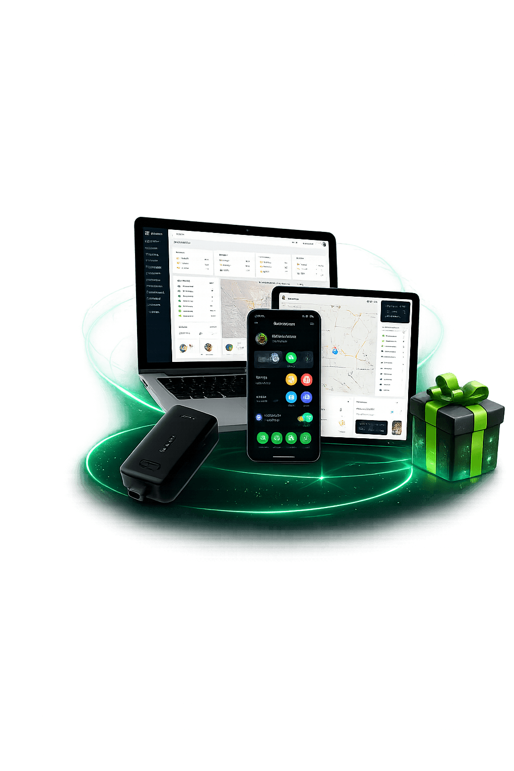 GPS tracking platform devices including laptop, mobile app, hardware tracker and gift box