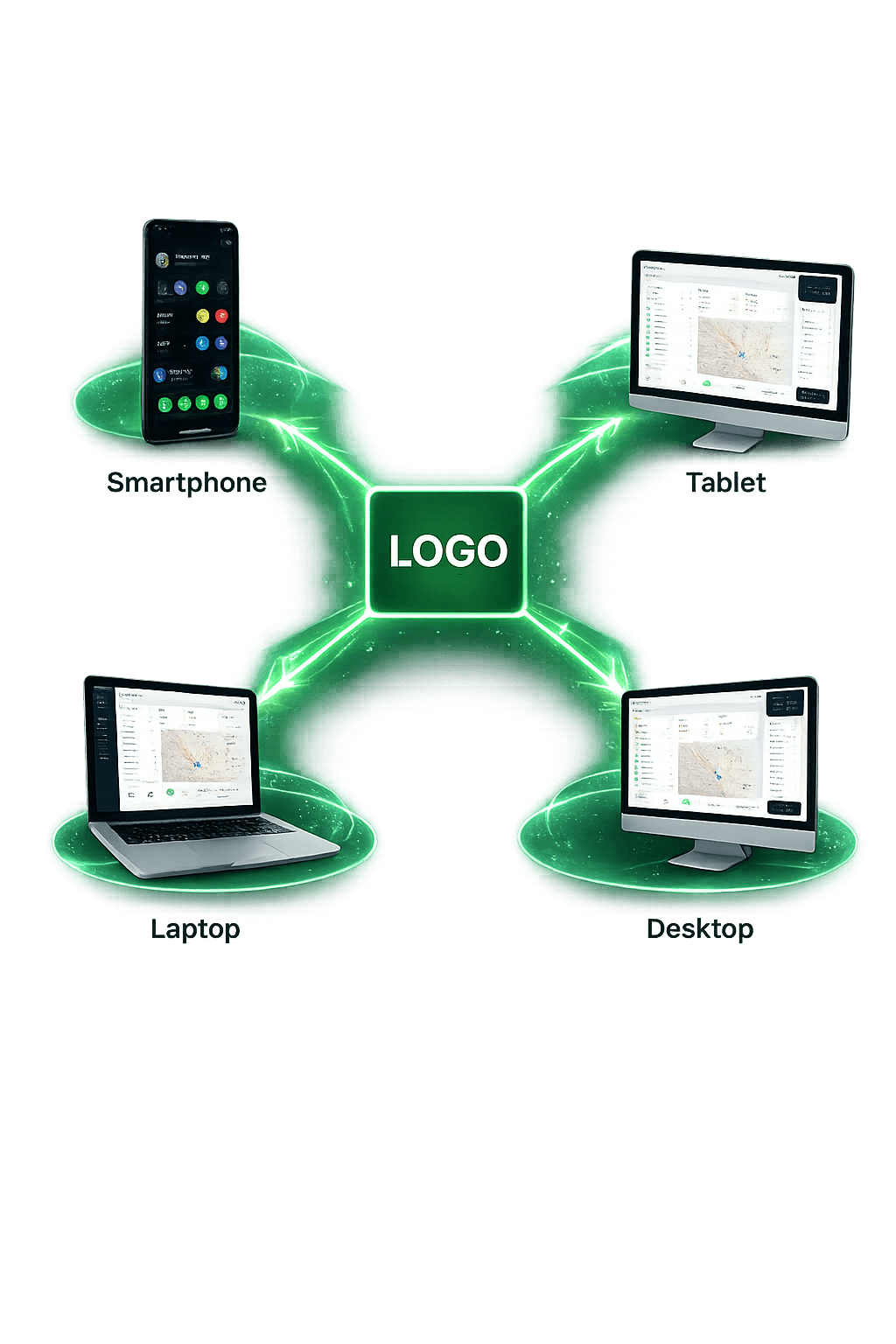 Brand ecosystem showing logo connected to smartphone, tablet, laptop and desktop